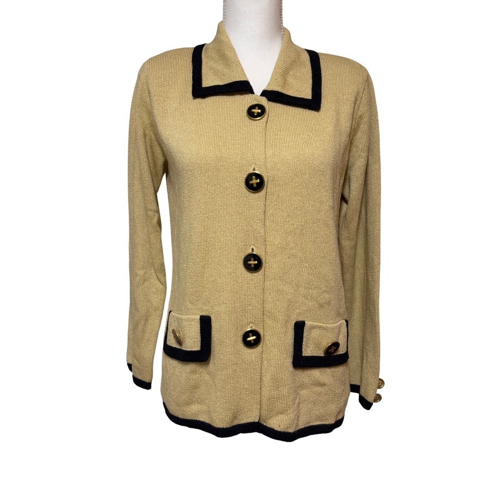 Laura by Alyzia Vintage Tan‎ Black Knit Cardigan Gold Button Sweater Size L USA